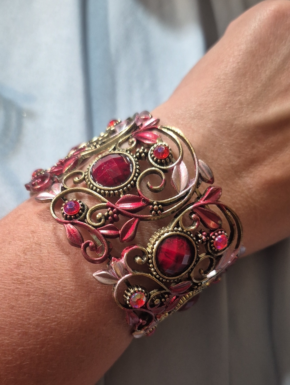 Vintage-Inspired Floral Filigree Aurora Borealis Cuff Bracelet
